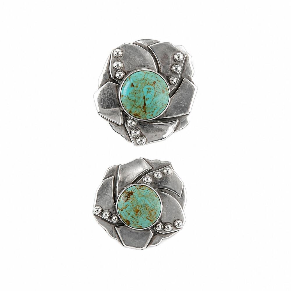 Vintage 925 Sterling Silver Natural Turquoise Statement Floral Stud Earrings